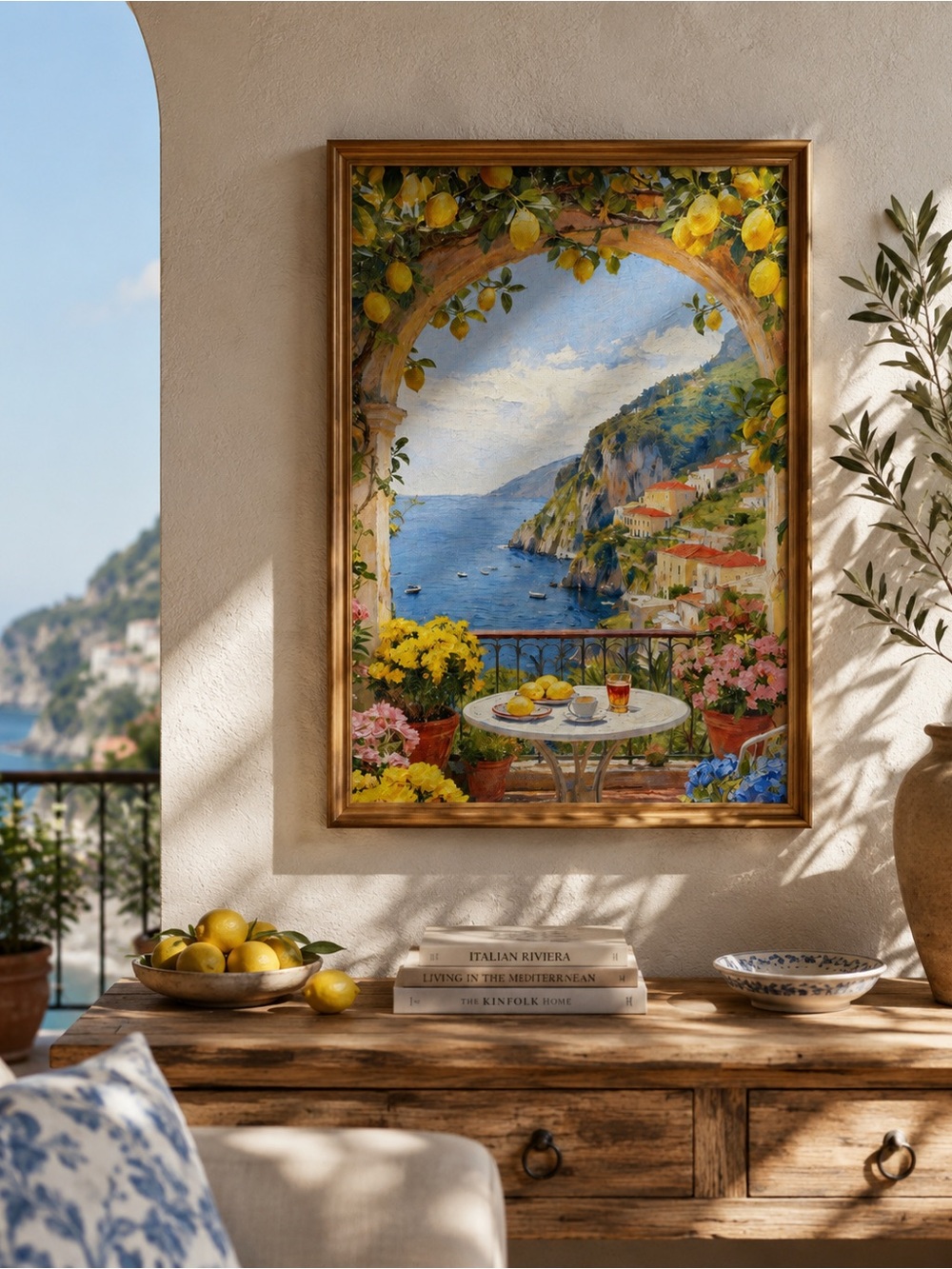 Mediterranean Coastal Lemon Terrace Canvas Wall Art 40x60cm(15.75x23.62in) Print
